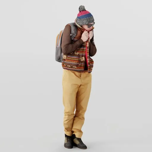 Detailed 3D model of a young man in winter attire with glasses and colorful hat for Blender rendering.