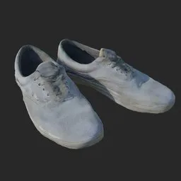 "Medium poly grey skateboard shoes rendered in Blender 3D. These footwear models feature white shoes with an oily sheen, showcased on a black surface. The pbr-texture adds realistic details such as scratches, offering an artist reference for creating skateboard-themed designs."