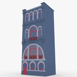 "Art Nouveau House 3D model for Blender 3D - exterior view inspired by Félix Vallotton. Red door and windows, curving arches, and geometric design. Basic materials included, perfect for printing and use in historic builds."