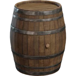 Highly detailed Blender 3D model of a wooden wine barrel with metal bands, suitable for industrial scenes and game assets.