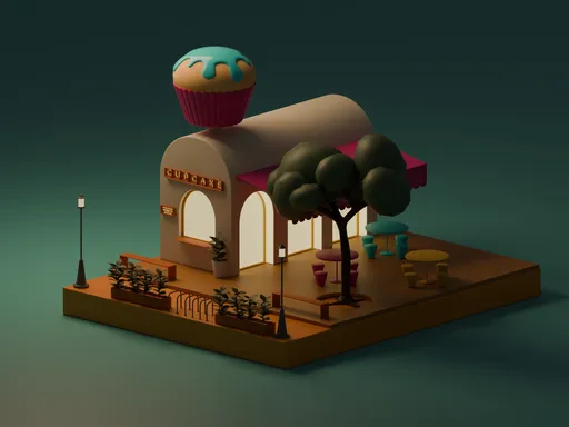 Detailed 3D Blender model of a whimsical cupcake shop with intricate design elements and artisanal charm.