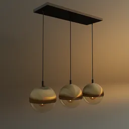 "Golden Orb Ceiling Light with Glass Spheres and Metal Structure, Highly Polished and Physically Based Rendered in Blender 3D."