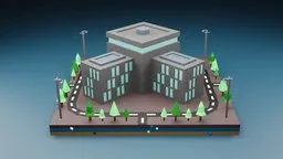 Lowpoly 3D commercial building model with trees and street elements suitable for Blender rendering.