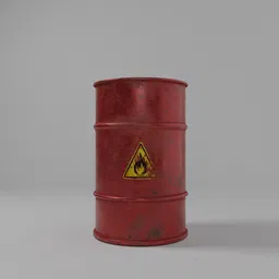 Realistic textured 3D model of a weathered red oil drum with a flammable warning symbol for Blender rendering.