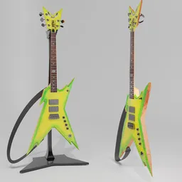 Yellow 5-string bass 3D model with unique shape and vibrant finish, ideal for Blender 3D rendering and animation.