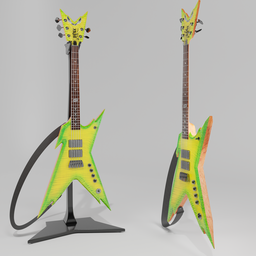 "DEAN DIME Razorback 5-String Bass 3D Model with Yellow and Green Design, Perfect for Game Renders and Display, Award-Winning Design with Neon Yellow Stars and Lightning Bolt. Compatible with Blender 3D Software."