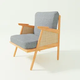 Detailed 3D rendered wooden armchair with grey cushion and intricately woven bamboo elements, ideal for Blender projects.