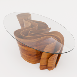 "Organic modern Banzeiro coffee table with wooden base and glass top, created in Blender 3D by designer Sérgio J Matos. Featuring flowing forms and central circular composition inspired by Amadeo de Souza Cardoso, rendered in Redshift and awarded by CGSociety. Dimensions 130cm x 70cm x 37cm."