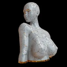 "Explore our stunning 3D model of a sculpture depicting a nude female bust, created with Blender 3D software. The sculpture features a mesmerizing blend of white and gold kintsugi, iridescent precious stones, and intricate voronoi pattern. Its realistic shading and unique aesthetic make it a must-have for any 3D artist collection."