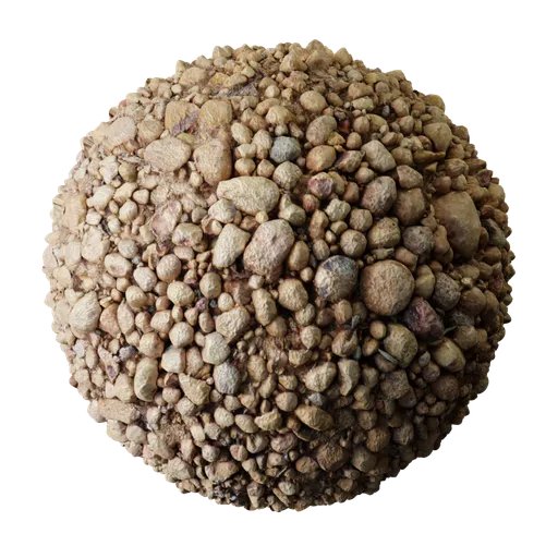 High-resolution Brown Gravel PBR 3D material with detailed stone texture for realistic rendering in Blender and other 3D apps.