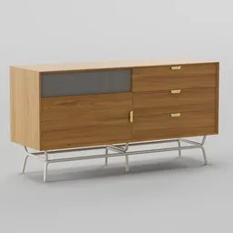 Wooden 3D model of a modern 4-tier storage cabinet with metal handles and legs, rendered in Blender.