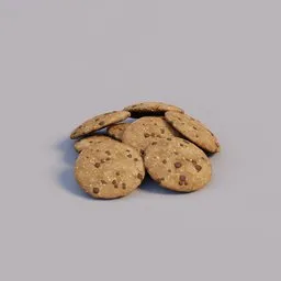 Realistic 3D model of homemade chocolate chip cookies, detailed texture, suitable for Blender rendering.