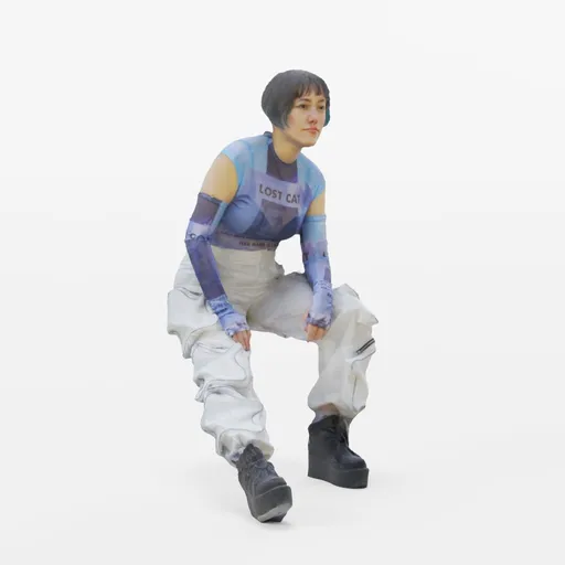 Sitting Y2K Girl blue white clothing