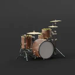 "Drum set 3D model for Blender 3D: a close-up of a simple and versatile drum kit with a black background. Ideal for game assets, video animations, and other 3D projects. Created by Chris LaBrooy and Adam Willaerts, featuring a hardwood floor design with brown and gold accents, and tannoy elements. Trending in character design and offers a brass copper aesthetic."