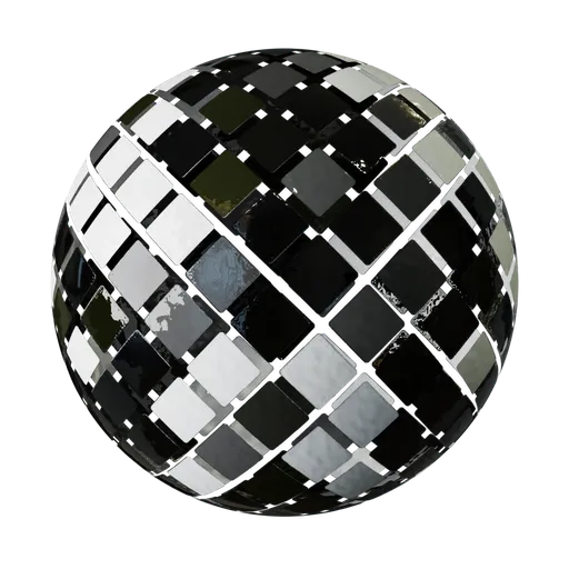 Shiny black and white checkered glass PBR material for 3D rendering in Blender.