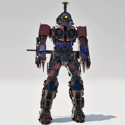 "Railmeister, a Japanese-colored robot with a gun in its hand and slim body made of truck parts. Inspired by TheDevilsTrains' OC, this 3D model in Blender 3D is perfect for the War Thunder game or for fans of Charles Fremont Conner, Gundam, and Bioshock."