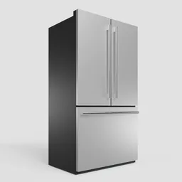 Detailed Blender 3D model of a stainless steel French door refrigerator with a bottom freezer.