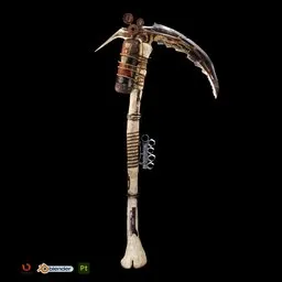 Detailed, optimized 3D scythe for gaming, crafted in Blender, with intricate design.