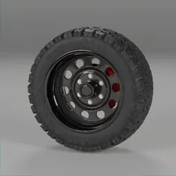 "Off-road wheel for vehicles, featuring a rugged hooked tread pattern and powerful disc brakes. Ideal for Blender 3D modeling projects. "