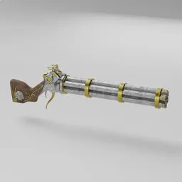 Detailed Blender 3D rendering of a six-barrel, ornate Gothic-style machine gun with intricate design and golden accents.