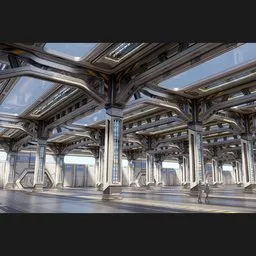 Futuristic industrial hall interior, spacious and detailed, with advanced lighting, suitable for Blender 3D projects.