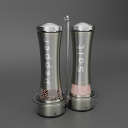 "Premium stainless steel Salt and Pepper electric grinder set for Blender 3D. Customize colors with Sage, Bronze, Red Wine and Cyan options. High-resolution 3D mesh by Nathaniel Hone and Claire Falkenstein with HR Geiger design inspiration."
