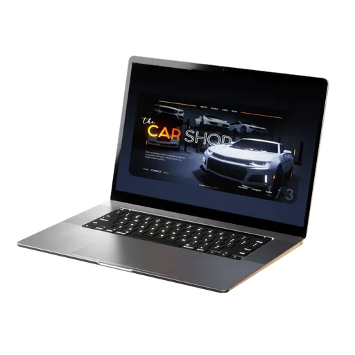 3D modeled laptop with car shop website mockup for Blender animation, showcasing looping scroll.