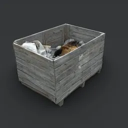 "Industrial container 3D model for Blender 3D - lowpoly wooden box for transporting goods with albedo and normal textures. Photogrammetry scan baked for simplified realism, featuring litter and tattered clothing inspired by Hans Sandreuter. 8k resolution with hessian cloth and inventory item detail."