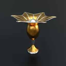 "Flower Decor: A stunning fantasy 3D sculpture featuring a gold and silver metal flower in a gold-framed vase on a black surface. With bat and solarpunk influences, this untextured masterpiece showcases intricate details and glowing elements. Perfect for Blender 3D enthusiasts seeking unique and captivating 3D models."