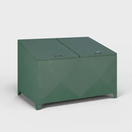 Detailed 3D model of a green double-lidded dumpster bin for use in Blender exterior scenes.