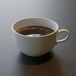 Realistic 3D-rendered white coffee cup with dark liquid, optimized for Blender, suitable for visualization and animation.