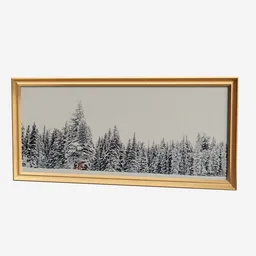 3D modeled snowy forest scene in a wooden frame, Blender-compatible, high-detail texture, ideal for digital interiors.