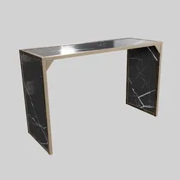"Bronna Console Table - A meticulously detailed constructivist design with a black marble top and silver base, perfect for your Blender 3D scenes. This trending table from artisation features metal wings and an ashford black marble top, ideal for any reception area or retail space."