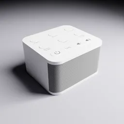 Realistic 3D rendered white noise machine with buttons and speaker detail for Blender rendering.