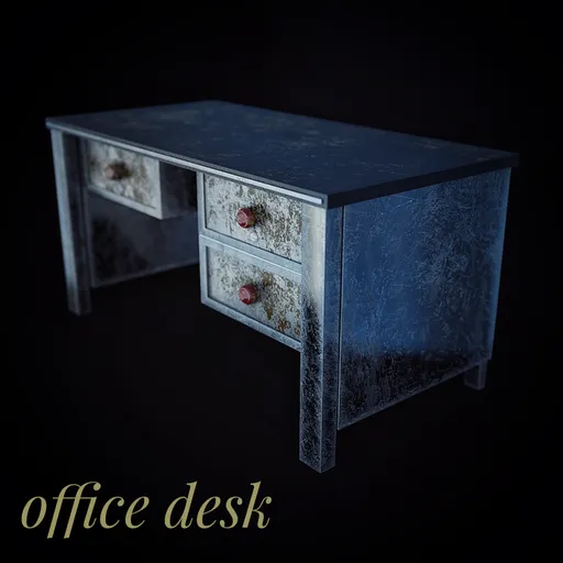 Detailed Blender 3D model of a worn-out office desk with textured drawers and realistic grunge effect.