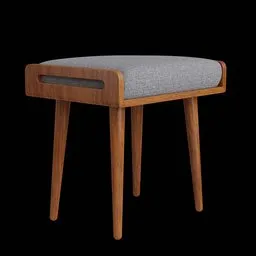 Modern wooden stool 3D model with grey cushion for living room interiors, Blender compatible.