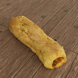 "Scanned Chicken Roll 3D model with quad mesh in Blender 3D. This food model features Jamaican colors and an 8K texture, making it a highly realistic and intricate art masterpiece for gaming and pastry renderings."