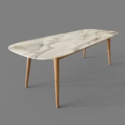 Realistic 3D render of an oval marble tabletop with slender wooden legs, compatible with Blender 3D projects.