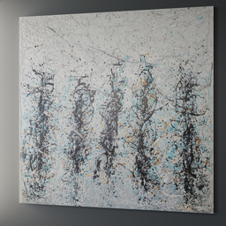 "Abstract painting on a square canvas created in Blender 3D with epoxy resin inspired by Pollock featuring silver and blue color schemes and soft lighting. Trending on Arstation with sailboats depicted soaring in the wind."