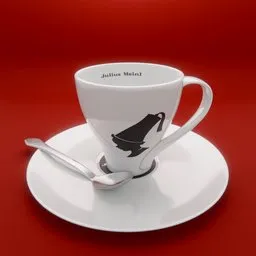 Detailed 3D model of a coffee cup, saucer, and spoon, showcasing realistic textures and lighting, perfect for Blender rendering.