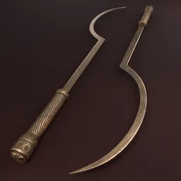 Highly detailed ornate 3D bronze curved sword model, textured and rendered with care.