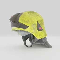 Detailed 3D model of a worn firefighter helmet with accessories for Blender rendering.