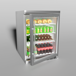 "3D model of a beverage cooler for Blender 3D, perfect for kitchen appliance designs. Choose between stainless steel or black and find a wide variety of drinks inside. Recreate your own man cave with this realistic, high-quality 3D model."