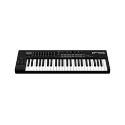 "Explore the Novation LaunchKey 49 MK2, an electronic piano device in the audio category of BlenderKit's 3D model library. This black and white keyboard has a sleek design and is perfect for music production. Created with Blender 3D software."