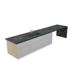 "Kitchen table top with procedural marble, a detailed 3D model for Blender 3D. This anime-styled kitchen counter features a sink and vanta black countertops, inspired by Pieter Franciscus Dierckx and with a touch of terrazzo. Front, back, and side views available."