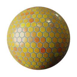 Hexagonal yellow and teal porcelain PBR texture for 3D Blender materials, suitable for tiling surfaces.