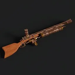 "Antique gun: A high-quality 3D model for Blender 3D. This game-ready, historic military weapon features a wooden handle, showcased against a black background. Ideal for Frostpunk, Dragon's Dogma, or other similar games. Get this symmetrical, golden steampunk-inspired design for naval warfare, FPS maps, or unused game design ideas."