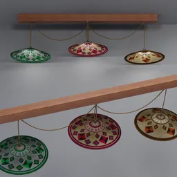 "Ceiling Light 3D model with Arab-inspired design, featuring four plates hanging from a wooden shelf with a rope. Detailed texturing and psychedelic interconnections add a unique touch. Perfect for indoor and outdoor projects in Blender 3D software."