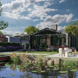 Residential house with terrace and pond with water lilies