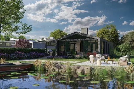 Residential house with terrace and pond with water lilies